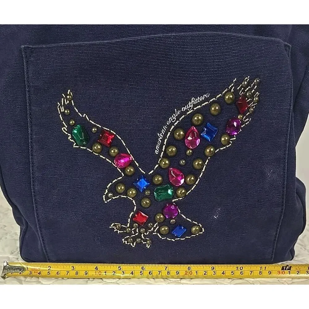 American Eagle Outfitters Navy Canvas Tote Bag Jeweled Eagle Studded Y2K